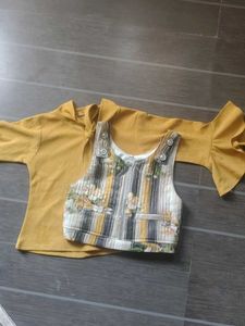 Yellow Mustard Kurta Set with Striped Skirt