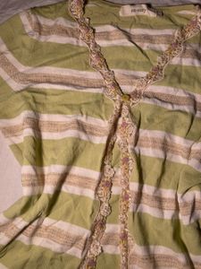 Striped V-Neck Cardigan with Lace Trim