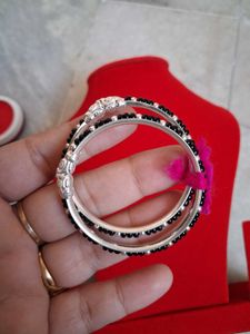 Elegant Silver Bangles with Black Beads