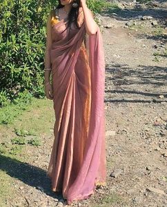 Elegant Purple &amp; Gold Saree with stitched blouse