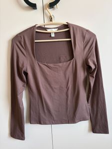 H&M Brown Square Neck Long Sleeve Top
