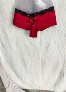 I. Red Lace Trim Briefs with Front Tie