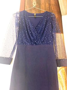 Elegant Navy Dress with Sheer Sleeves