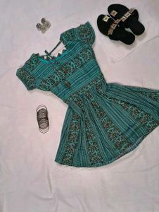 Beautiful Teal Floral Printed Flared Kurti