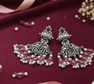 Boho Silver Jhumka Earrings with Pink Beads