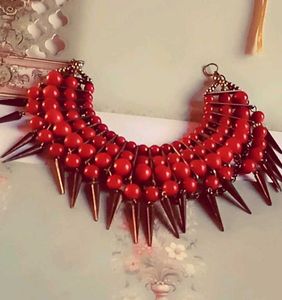 Bold Red Bead &amp; Spike Statement Necklace