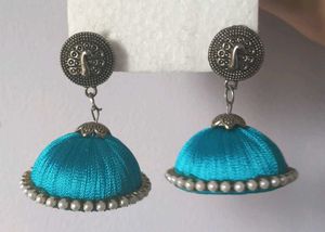 Turquoise Silk Thread Jhumka Earrings