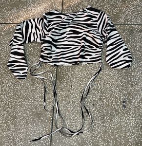 Zebra Print Tie-Up Long Sleeve Top