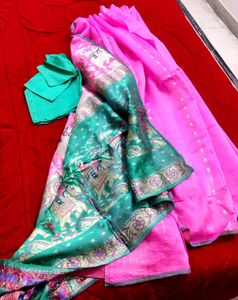 Pink &amp; Green Saree (free Blouse)