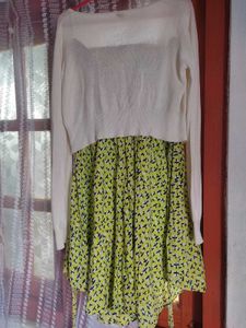 Yellow Print Dress with White Cardigan