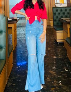 Ripped Wide Leg Denim Jeans