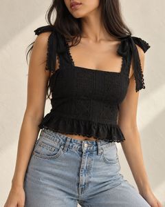 Black Eyelet Tie-Strap Crop Top