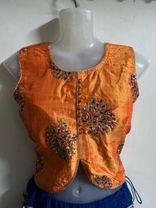Orange Embroidered Crop Top &amp; Blue Skirt Set