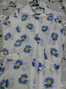 mesh White Daisy Print Button-Up Shirt