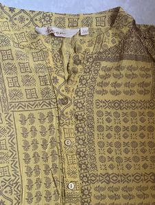 Yellow Block Print Asymmetrical Kurta