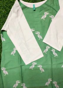 Janasya Green Flamingo Print Kurta - L Size - Whit