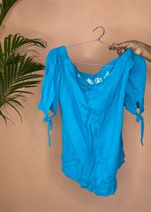 Vibrant Blue Embroidered Off-Shoulder Kurta