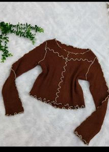 Chic Brown Ribbed Lettuce Trim Top