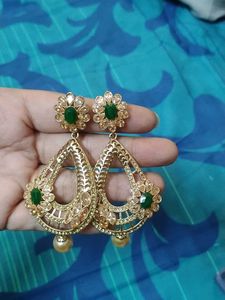 Designer Gold Tone Green Stone Earrings