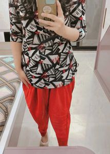 Stylish Printed Kurta with Red Pants