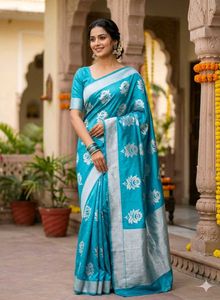 Beautiful Blue Saree with Floral Print