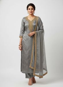 Zardozi Gold Work- Satin Grey Unstiched Suit