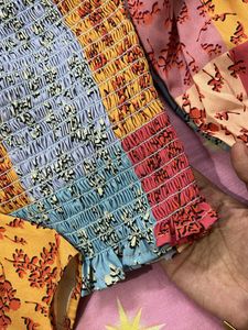 Patchwork Print Smocked Square Neck Top
