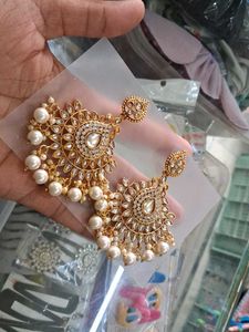 Elegant Pearl &amp; Kundan Dangler Earrings