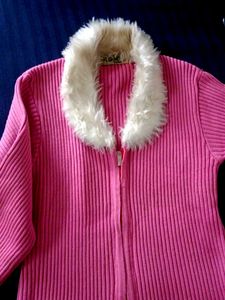 Pink Ribbed Zip-Up Sweater with Fur Trim