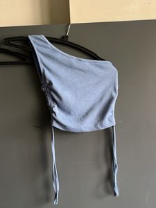 Blue One-Shoulder Ruched Crop Top