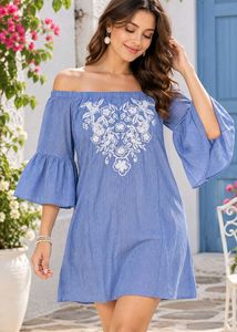 Off-Shoulder Striped Dress with Embroidery