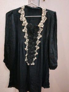 Elegant Black Lace Rosette Tunic Blouse