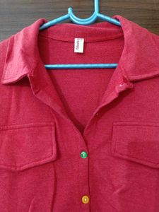 Vibrant Red Cropped Button-Up Shirt