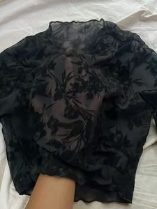 Black Mesh Floral Long Sleeve Top