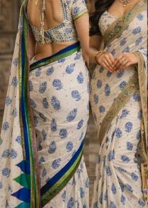 Elegant White Saree with Blue Print