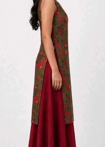 Olive Floral Kurta With Maroon Skirt Set