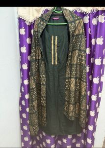 Elegant Dark Green Kurta Set with Printed Dupatta