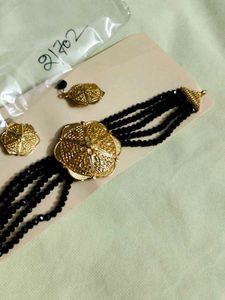Black Beaded Choker Necklace with Earrings