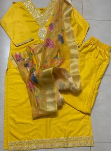 Vibrant Yellow Kurta Set with Floral Dupatta