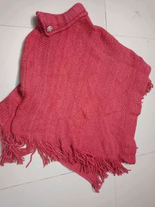 Pink Knit Poncho with Fringe free size
