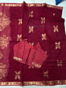 linen  Maroon Saree with Golden Motifs