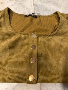 Brown Corduroy Puff Sleeve Crop Top
