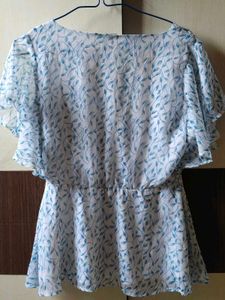 Blue Leaf Print Flutter Sleeve Top - very comforta