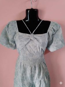 Light Blue Puff Sleeve Bow Dress
