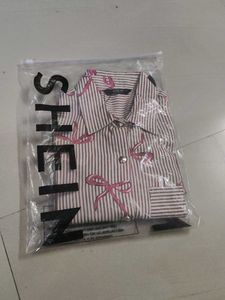 Shein Striped Bow Print Button-Up Shirt