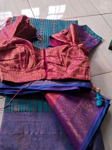 Beautiful Teal &amp; Blue Striped Saree With blouse