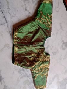Emerald Green Silk Blouse with Gold Embroidery