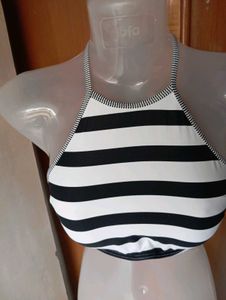 Black and White Striped Bikini Top