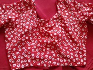 Elegant Red Saree with Printed Blouse