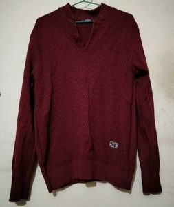 Men's Maroon Textured V-Neck Sweater